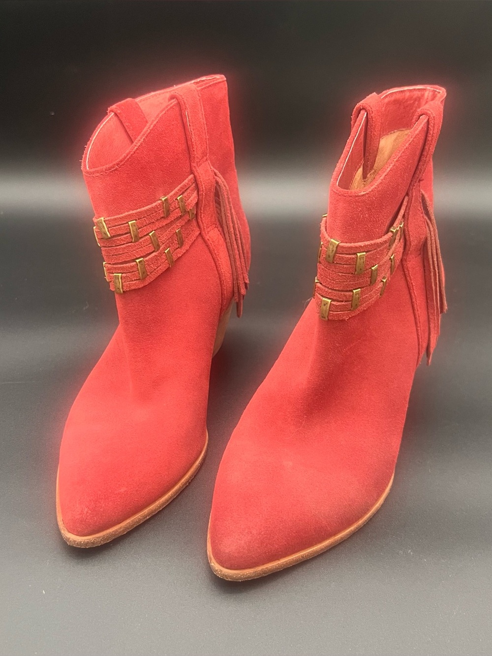 Frye Red Suede Fringe Ankle Boots